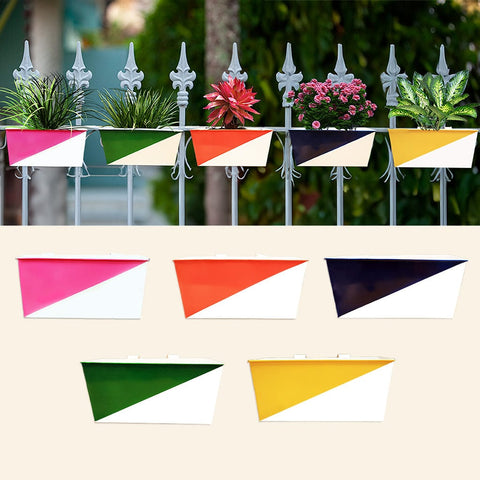 Metal Garden Planters - Twin Colored Diagonal Balcony Railing Garden Flower Pots/Planters (Yellow, Pink, Orange, Green and Blue) - Set of 5