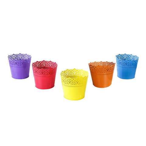 Best Metal Flower Pots in India - Lace Planter-Set of 5 (Yellow, Teal, Red, Orange, Purple)