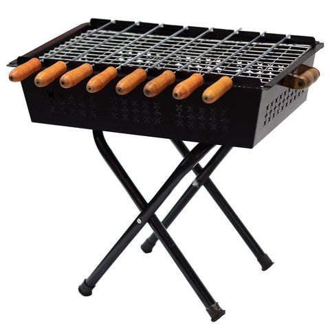 Portable Barbeque Bucket - Foldable Charcoal Barbeque Grill Set With 8 Skewers & Charcoal Tray (Sleek Black) Criss Cross Stand BBQ Grill