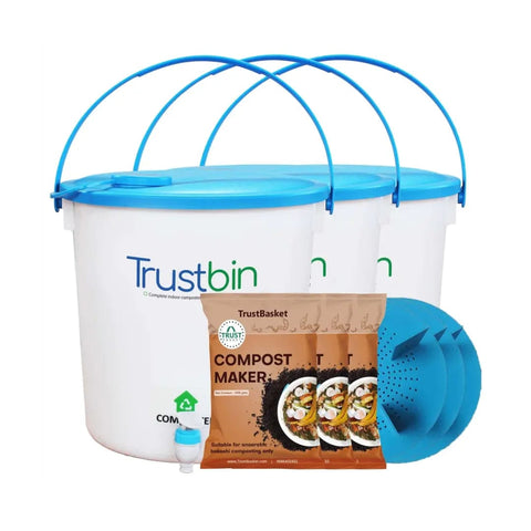 BEST HOME & KITCHEN WASTE COMPOST BIN IN INDIA - TrustBin - Indoor composter kit for a family of 4 members (Set of three 14ltrs bins)