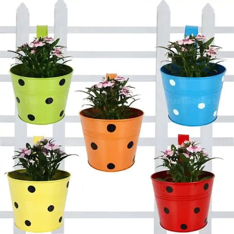 Metal Garden Planters - Dotted Round Balcony Railing Garden Flower Pots / Planters - Set of 5 (Red, Yellow, Green, Orange, Blue)