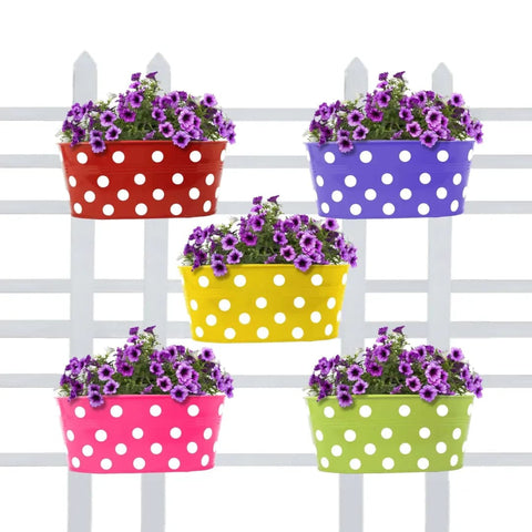 Best Sellers - Oval Balcony Railing Garden Flower Pots/Planters Dotted - Set of 5 (Red, Yellow, Green, Magenta, Purple)