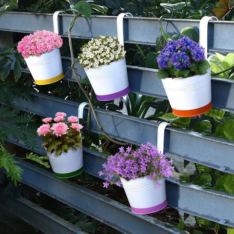 Colorful Designer made planters - Crown of Colors Balcony Railing Garden Flower Pots/Planters - Set of 5 (Green, Orange, Pink, Purple, Yellow)