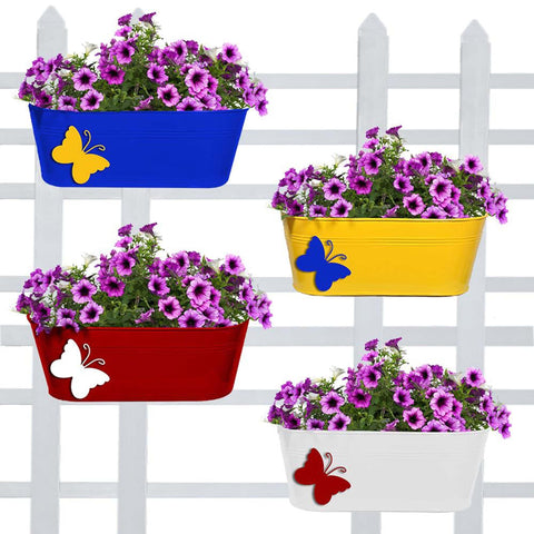 TrustBasket Offers And Promotions - Balcony Railing Planters with Butterfly (Blue, Yellow, Red, Ivory) Oval - Set of 4