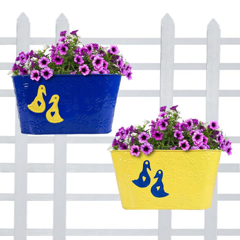 Buy Medium Pots Online - Duck Designer Oval Railing Planters - Set of 2 (Blue and Yellow)