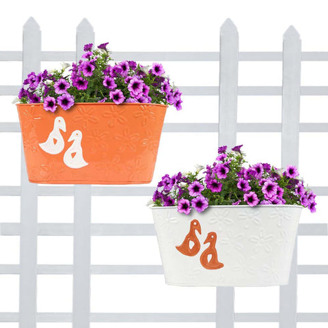 Best Balcony Railing Planters Pots in India - Duck Designer Oval Railing Planters - Set of 2 (White and Orange)