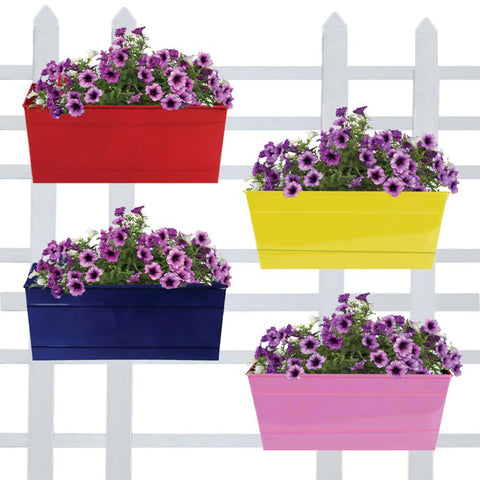 Best Balcony Railing Planters Pots in India - Rectangular Railing Planter (Red, Yellow, Blue And Magenta )12 Inch - Set of 4