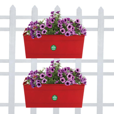 Best Balcony Railing Planters Pots in India - Rectangular Railing Planter - Red (12 Inch) - Set of 2
