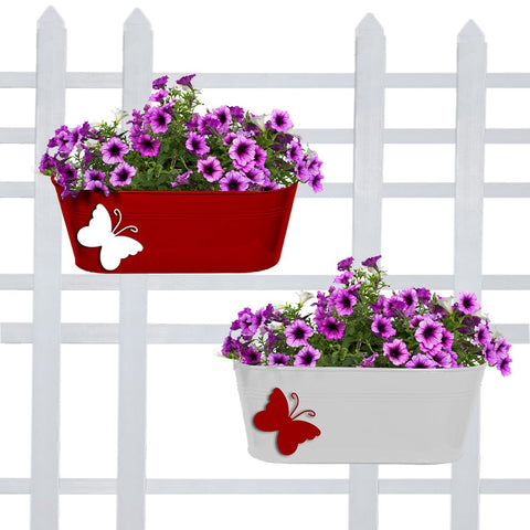 Products - Balcony Railing Planters with Butterfly (Red & Ivory) Oval - Set of 2