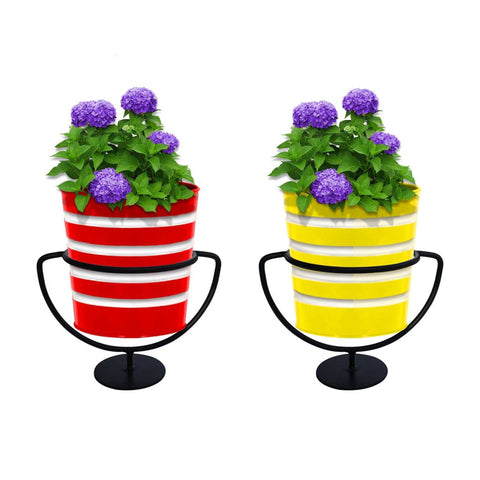 BEST COLOURFUL PLANT POTS - TrustBasket Set of 2 Trophy Stand with Yellow and Red Ribbed Planters
