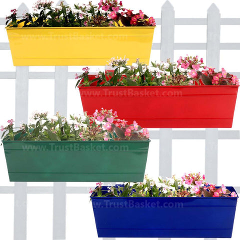 Rectangular Planters Online India - Rectangular Railing Planter -Yellow, Red, Green and Blue (18 Inch) - Set of 4