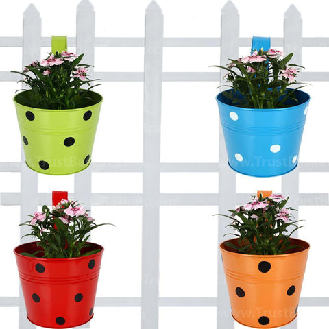 Metal Garden Planters - Railing Planters Round Dotted (Blue, Orange, Red & Green) - Set of 4
