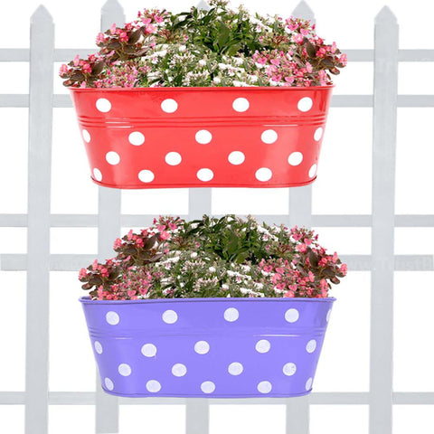 Best Metal Planters in India - Set Of 2-Dotted Oval Railing Planter-(Purple, Red)
