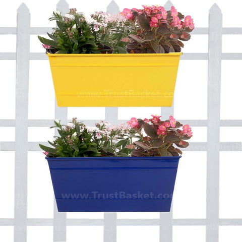 Best Metal Planters in India - Rectangular Railing Planter - Yellow and Dark Blue (12 Inch) - Set of 2