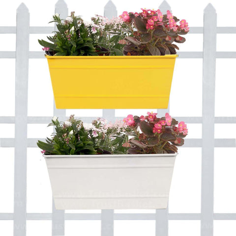 Best Metal Planters in India - Rectangular Railing Planter - Yellow and Ivory(12 Inch) - Set of 2