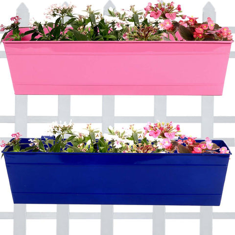 Best Metal Flower Pots in India - Rectangular Railing Planter -Magenta and Blue (23 Inch) - Set Of 2