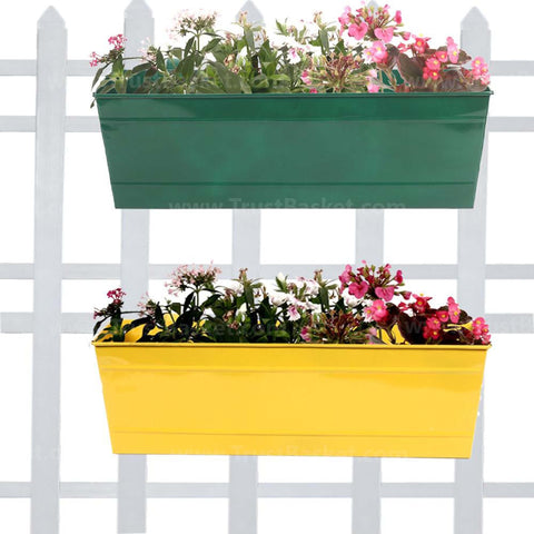 Best Metal Flower Pots in India - Rectangular Railing Planters Green and Yellow (18 Inch) - Set of 2