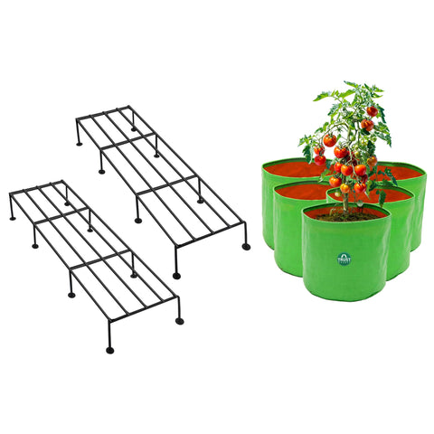 TrustBasket Indigo Anti Rust Metal Plant Stand + HDPE Round Grow Bags (Set of 5) - 15"