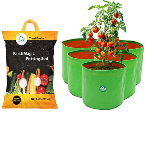  - Earth Magic Potting Soil (5kg) + HDPE Round Grow Bags (Set of 5) - 15 * 15