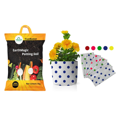  - Earth Magic Potting Soil (5kg) + UV Stabilized Long Life Premium Colorful Dotted Grow Bags - 5 Qty (20 * 20 * 35cms)