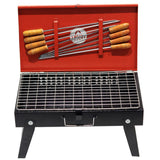 Foldable Charcoal Barbeque Grill Set With 8 Skewers & Charcoal Tray (Red & Black) Briefcase Barbeque Grill