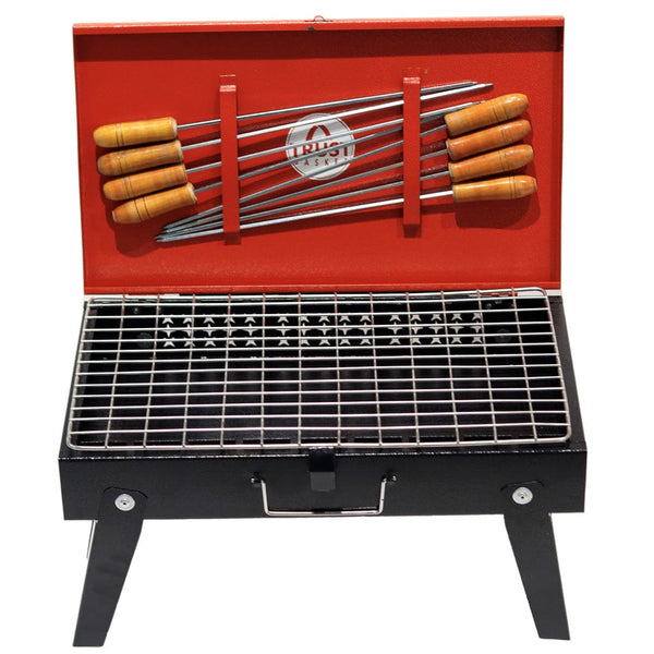 Foldable Charcoal Barbeque Grill Set With 8 Skewers & Charcoal Tray (Red & Black) Briefcase Barbeque Grill