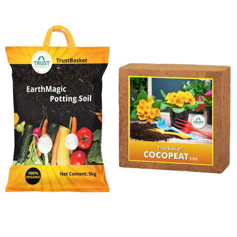 - TrustBasket Cocopeat for Plants (5kg) + Earth Magic Potting Soil Fertilizer for Plants (5 kg)