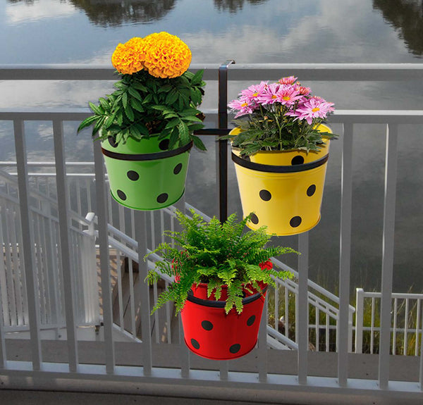 Triangle Pot stand for Railings with 3 Dotted Round Planters (Green, Yellow and Red Color Dotted Round Planters)