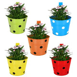 Dotted Round Balcony Railing Garden Flower Pots / Planters - Set of 5 (Red, Yellow, Green, Orange, Blue)