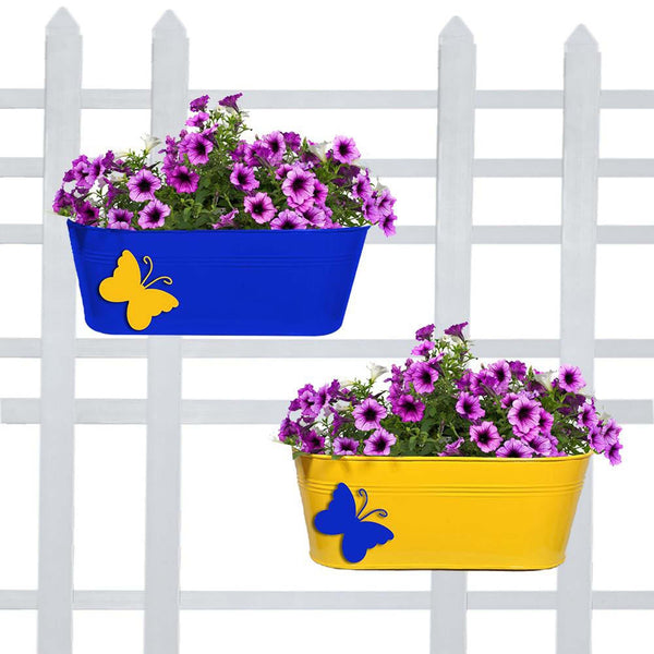 Balcony Railing Planters with Butterfly (Blue & Yellow) Oval - Set of 2