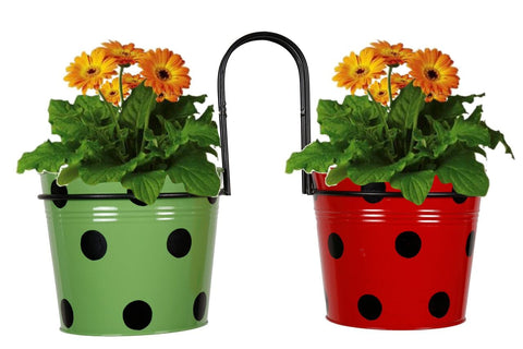 Railing Mountable Hanger with Green and Red Dotted Round Planter