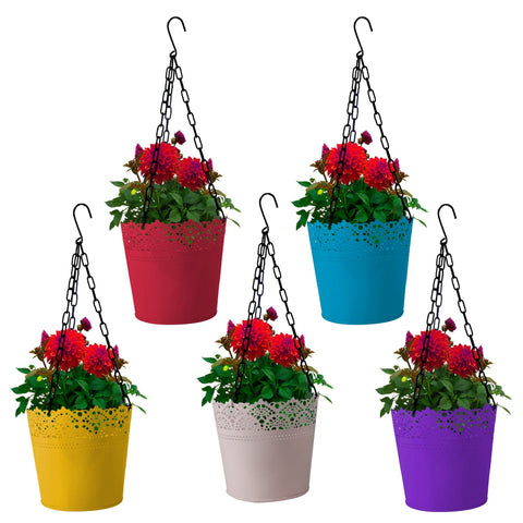BEST COLOURFUL PLANT POTS - Lace Planter With Hanging Chain - Set of 5 (Yellow, Teal, Pink, Ivory, Purple)