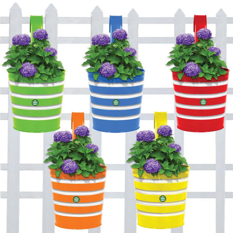 Metal Garden Planters - Round Ribbed Railing Planters - Set of 5 (Green, Yellow, Red, Blue, Orange)