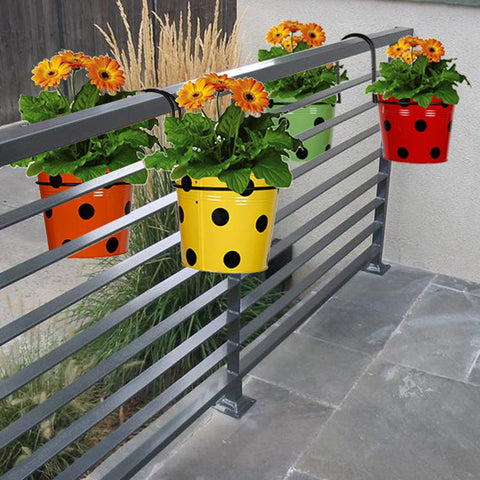 Railing Mountable Hanger with 4 Dotted Flower Pots (Orange, Yellow, Green, Red)