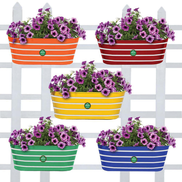Ribbed Oval Balcony Railing Flower Pots/Planters - Set of 5 (Red, Yellow, Green, Orange, Blue)