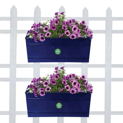 Best Metal Planters in India - Rectangular Railing Planter - Dark Blue (12 Inch) - Set of 2