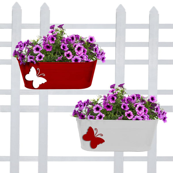 BEST BALCONY RAILING PLANTERS - Balcony Railing Planters with Butterfly (Red & Ivory) Oval - Set of 2