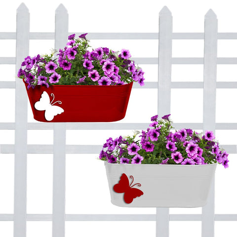 TrustBasket Offers And Promotions - Balcony Railing Planters with Butterfly (Red & Ivory) Oval - Set of 2