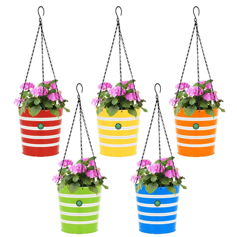 Metal Garden Planters - Round Ribbed Hanging Basket - Set of 5 (Green, Yellow, Red, Blue, Orange)