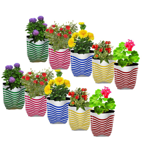 Best Plastic Flower Pot in India - Premium Colorful Stripe Grow Bag - Set of 10 (20*20*35 cm)