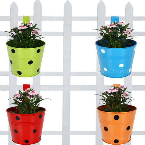 Railing Planters Round Dotted (Blue, Orange, Red & Green) - Set of 4