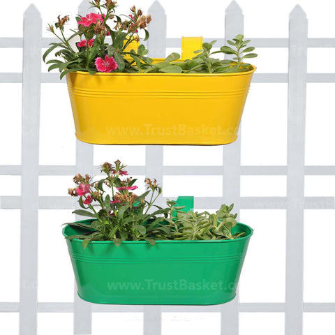 TrustBasket Offers And Promotions - Oval Railing Planter Yellow and Dark Green - Set of 2