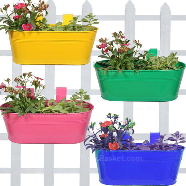 BEST BALCONY RAILING PLANTERS - Oval railing planters (Magenta, Blue, Yellow and Green) - Set of 4