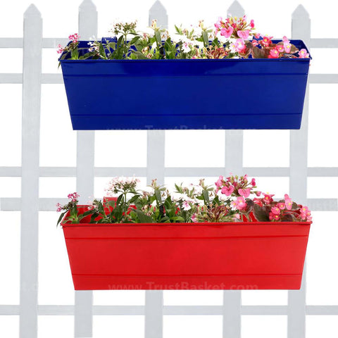 Rectangular Planters Online India - Rectangular Railing Planter Blue And Red (18 Inch) - Set of 2