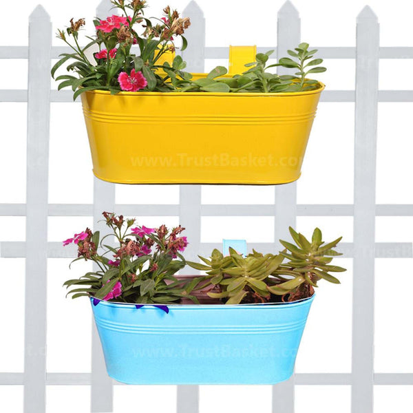 Oval Railing Planter Yellow and Teal - Set of 2